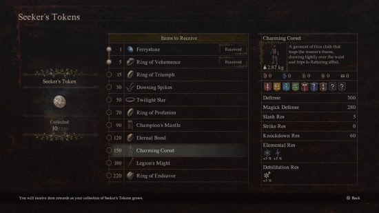 uma lista de recompensas de tokens de buscadores em dragons dogma 2