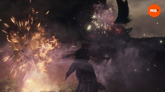 um guerreiro trapaceiro espalhando fumaça em Dragons Dogma 2