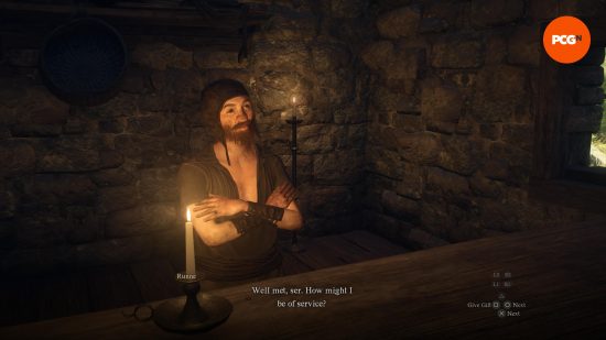 Um lojista medieval está atrás de um bar, de Dragon's Dogma 2.