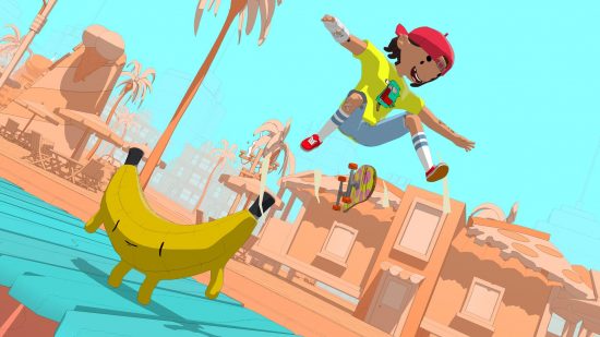 Os melhores jogos de skate: realizando um truque de moagem de uma banana enorme no colorido e cartoonizado OlliOlli World