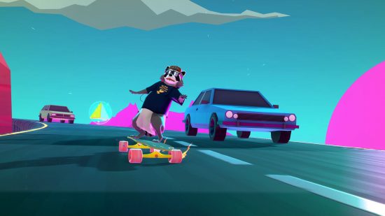 Melhores jogos de skate: um guaxinim andando de longboard por uma rodovia inspirada no dreamwave dos anos 80