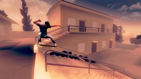 Melhores jogos de skate: retificando o corrimão de uma escada no skatista 2D Skate City