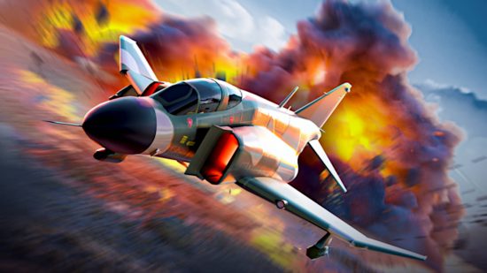 Códigos War Tycoon: um avião a jato F-4 está voando para longe de uma grande explosão.