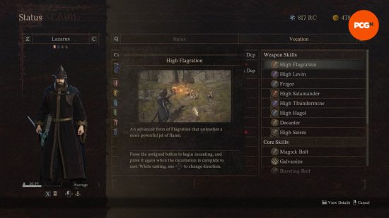 O menu de habilidades do Dragon's Dogma 2 Sorcerer mostrando a Alta Salamandra.