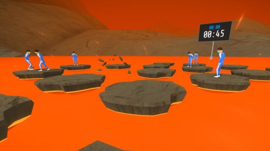 Six people in tracksuits stand on rock islands in a sea of lava as a clock counts down behind them in one of the best Battle Royale games, Crab Game.