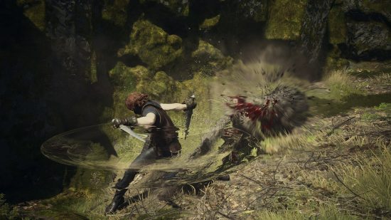 Vila sem nome de Dragon's Dogma 2: um ladrão ataca um lobo usando adagas.