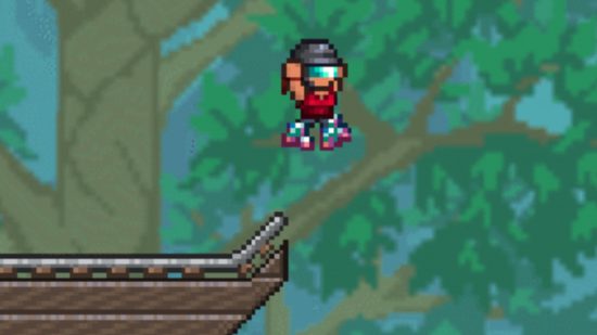 Spoiler de atualização do Terraria 1.4.5 - Um personagem usando patins salta de um trilho, jogando os braços para o alto enquanto voa.