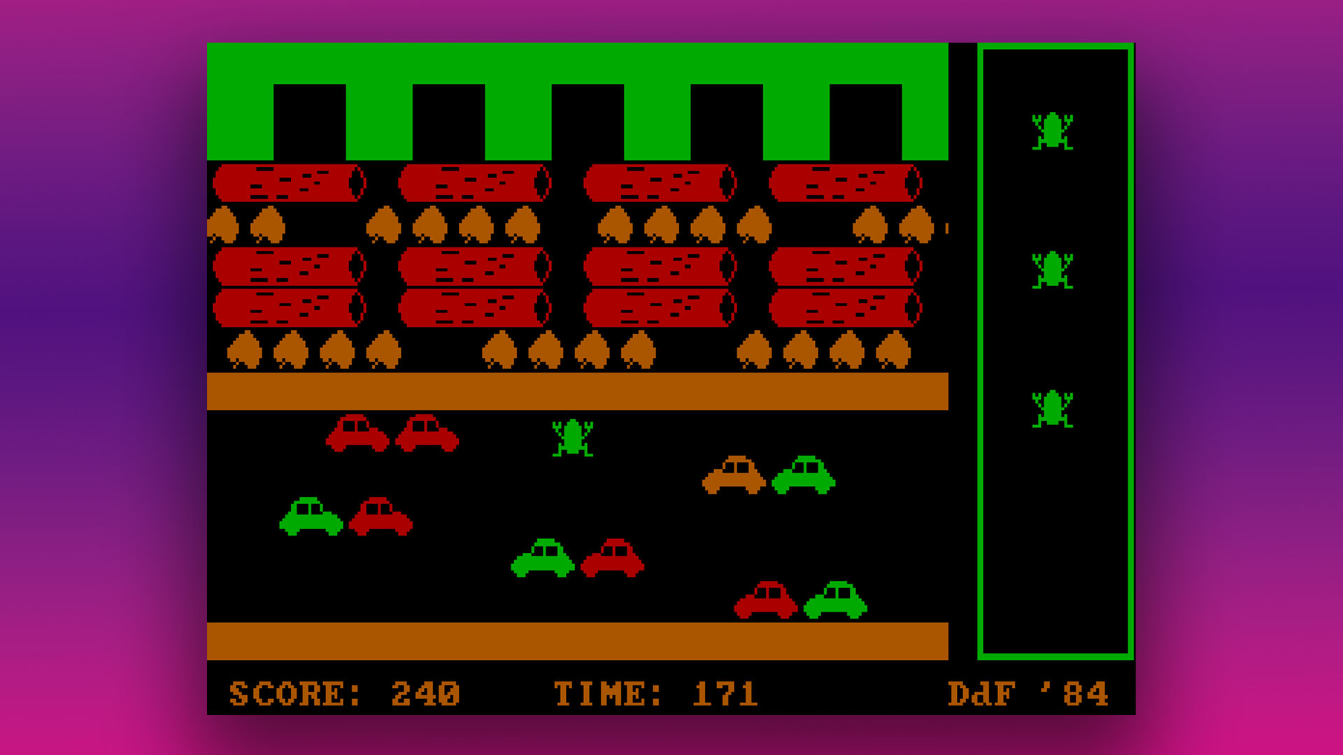 Gráficos CGA: captura de tela do clone Frogger Ribit - modo BIOS 4, paleta 0, baixa intensidade