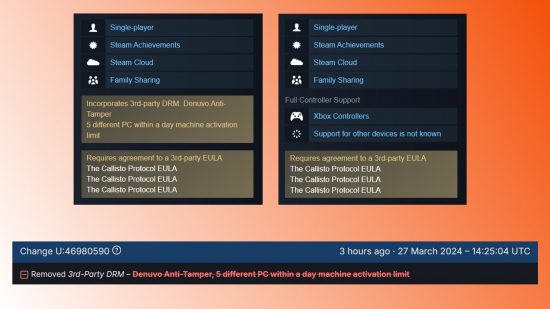 O Protocolo Callisto removeu o Denuvo de sua versão Steam: Capturas de tela mostrando a remoção do Denuvo Anti-Tamper do Protocolo Callisto no Steam.