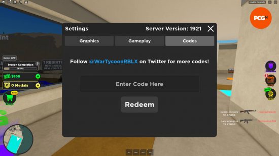 A tela de resgate de código para códigos War Tycoon.