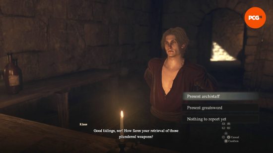 Klaus, um mestre de guilda, está procurando archistaves e grandes espadas para desbloquear a vocação de Dragon's Dogma 2 Sorcerer.