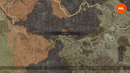 Vocação de Dragon's Dogma 2 Magick Archer: um mapa mostrando a localização de uma fogueira.