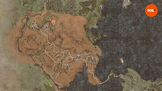 Desbloqueio do Dragon's Dogma 2 Trickster: um mapa e um marcador laranja brilhante.