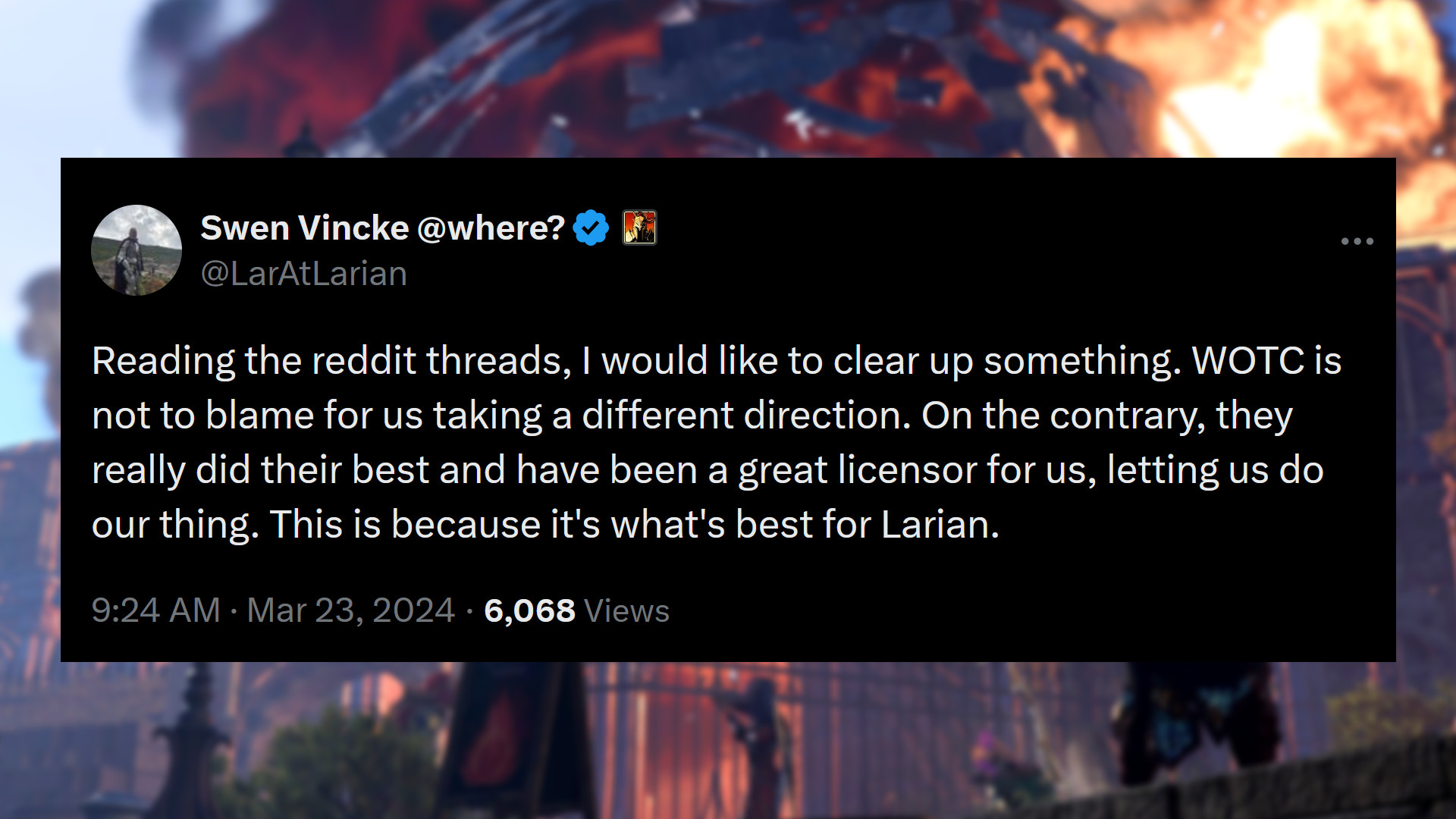 Baldur's Gate 3 - Swen Vincke, fundador da Larian: "Lendo os tópicos do reddit, gostaria de esclarecer uma coisa.  A WOTC não tem culpa por tomarmos uma direção diferente.  Pelo contrário, eles realmente deram o seu melhor e têm sido um grande licenciante para nós, deixando-nos fazer o que queremos.  Isso ocorre porque é o melhor para Larian."