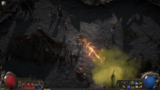 Path of Exile 2 - jogabilidade do ranger disparando uma flecha flamejante contra os inimigos em uma nuvem venenosa.