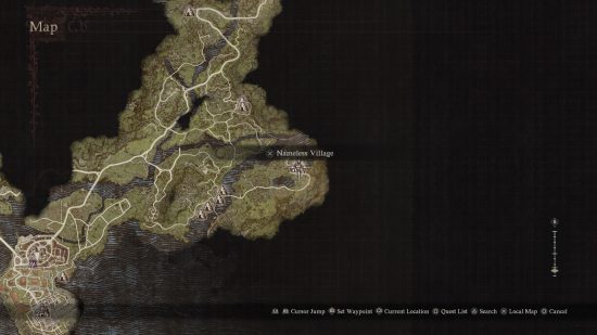 um mapa mostrando a localização da vila sem nome em Dragons Dogma 2