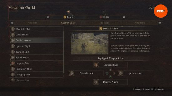 Habilidades de arqueiro em Dragon's Dogma 2: um menu que mostra todas as habilidades de um arqueiro.