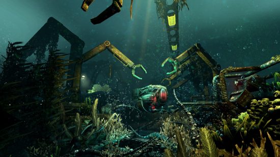 Lovecraftian Days Steam sale 2024 - Um mergulhador subaquático olha para você entre as máquinas em Soma.