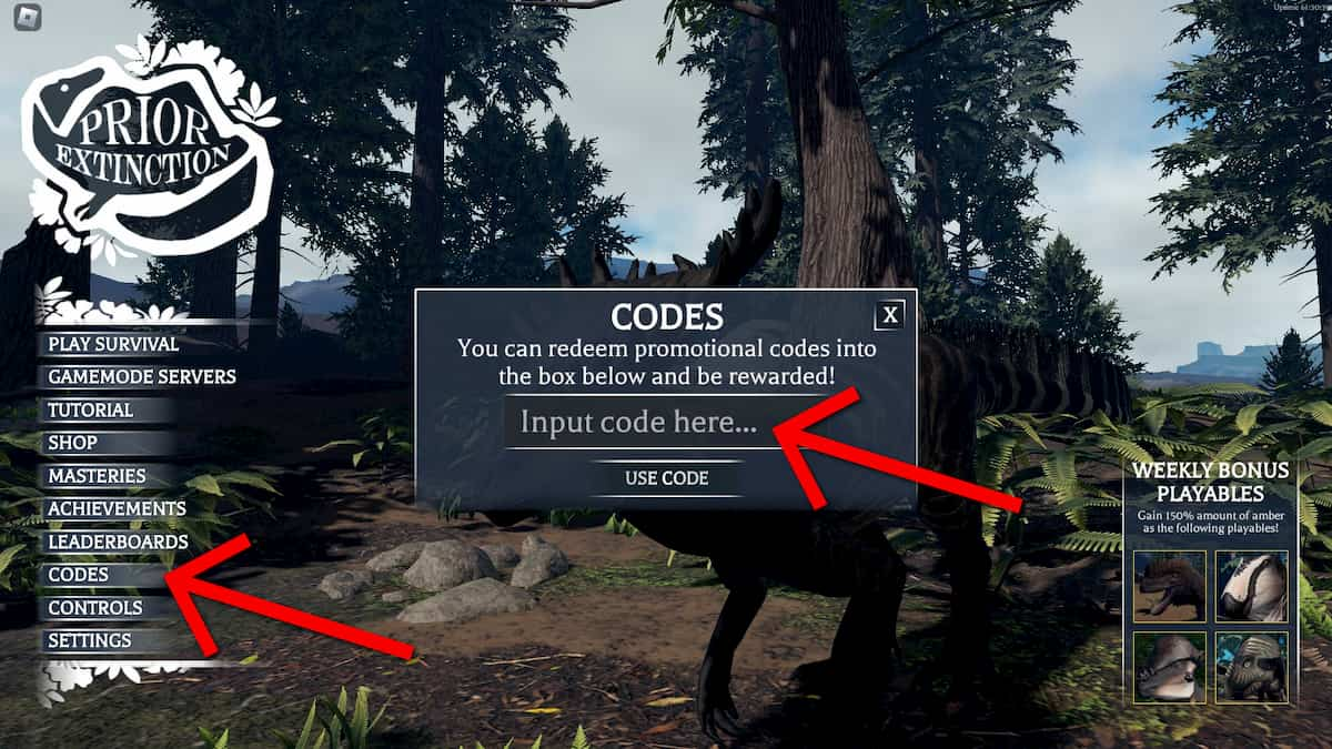 Resgatando códigos no Roblox Prior Extinction.