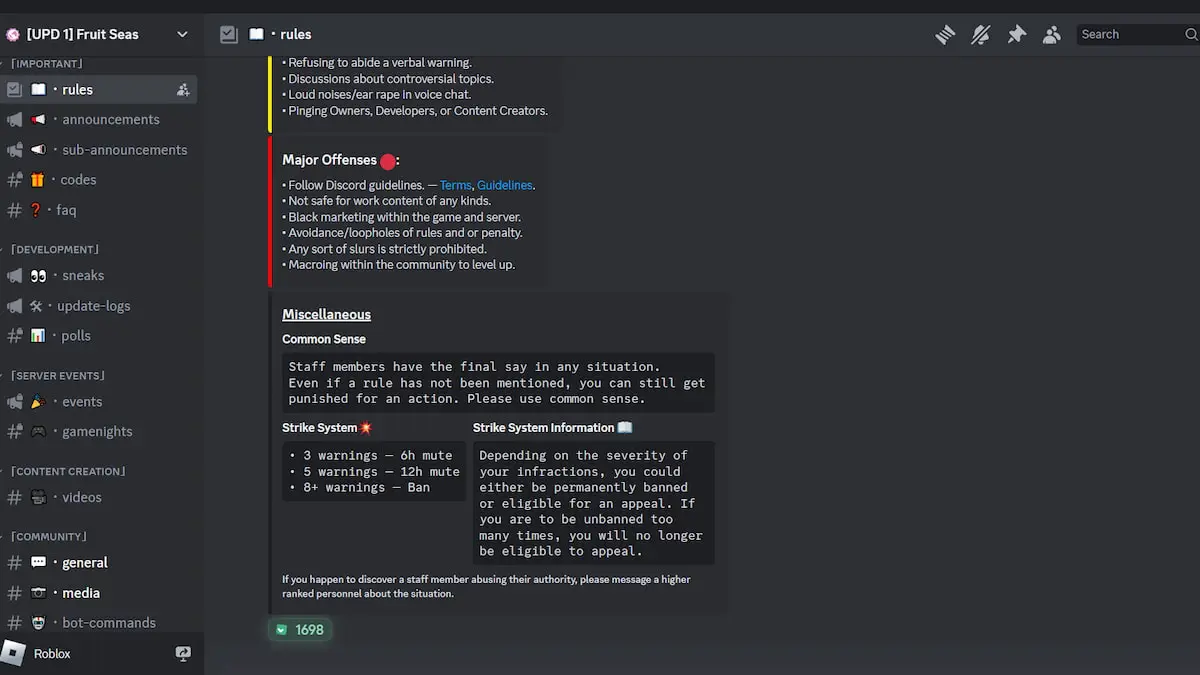 Canal de regras do Discord do Fruit Seas