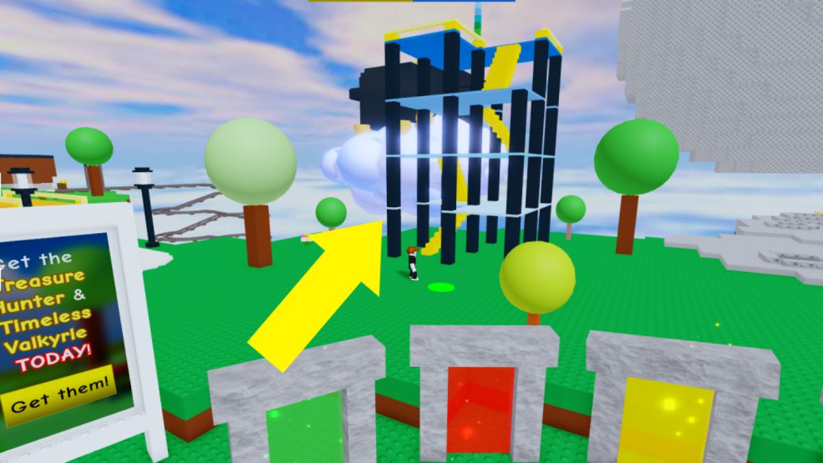 Uma seta apontando para uma Torre no Roblox The Classic