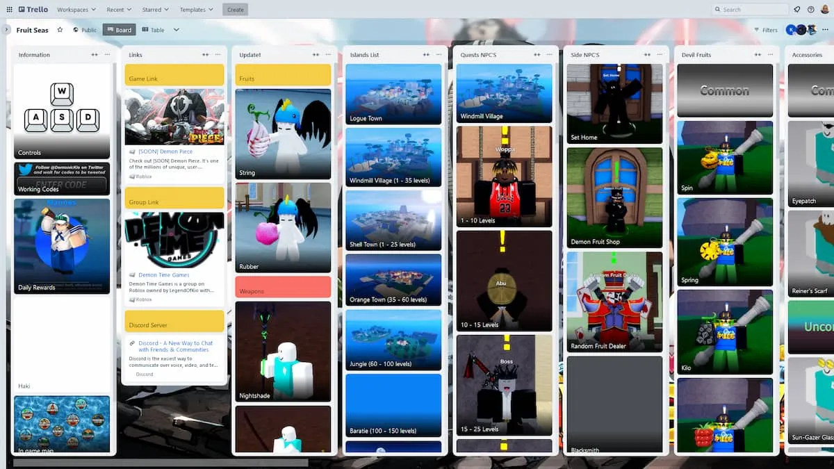 Trello board para o jogo Roblox Fruit Seas