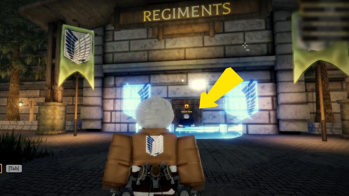 Uma seta apontando para o NPC do Regimento em AoT Revolution