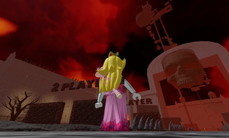 Roblox character is standing in front of the gates of hell