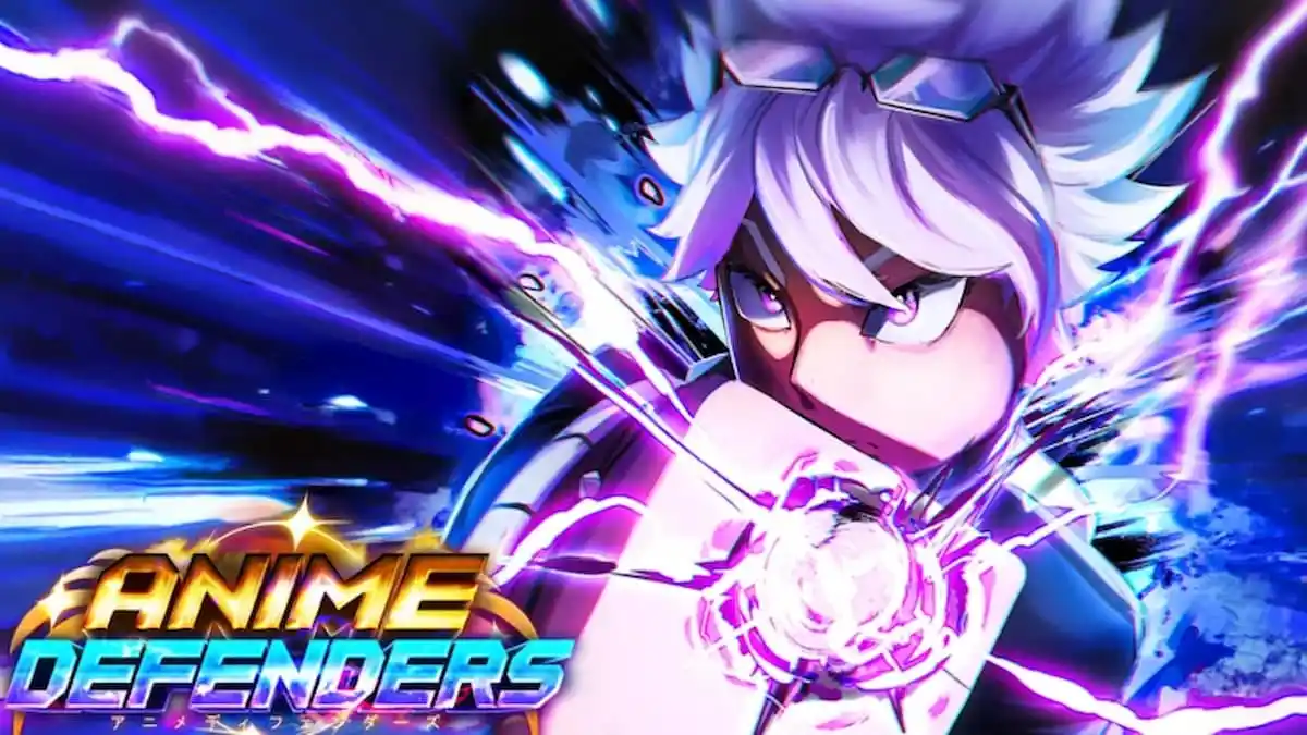 Logo e personagem do Anime Defenders no quadro