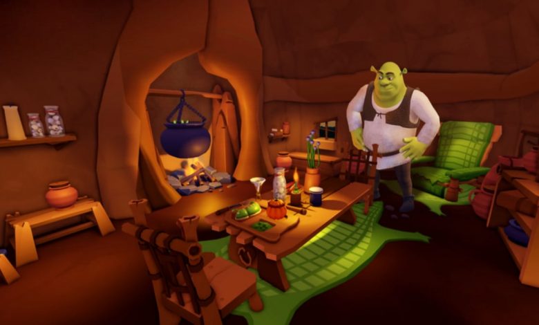 Shrek standing inside his house looking at the dining table in Roblox