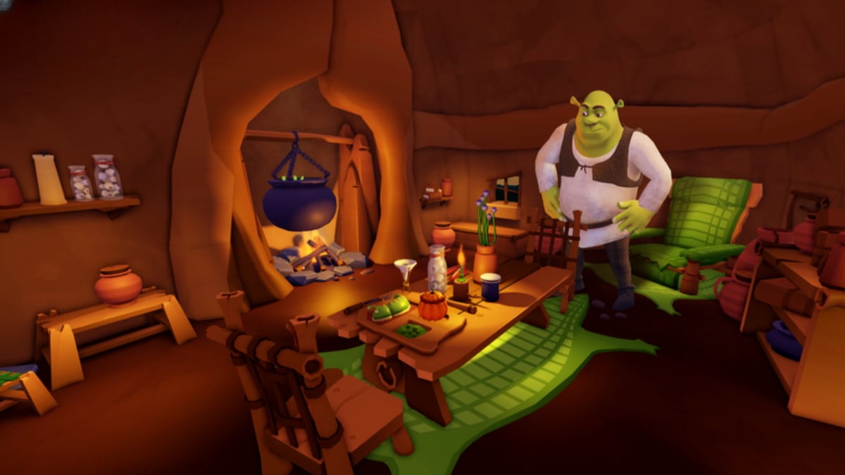 Shrek standing inside his house looking at the dining table in Roblox