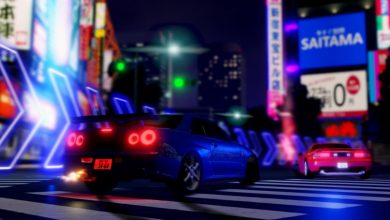 Two cars in the city in Roblox Midnight Tokyo Racing.