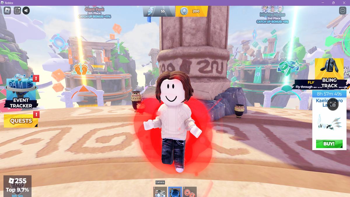 Avatar flutuando usando aura da equipe vermelha em Roblox The Games 2024.