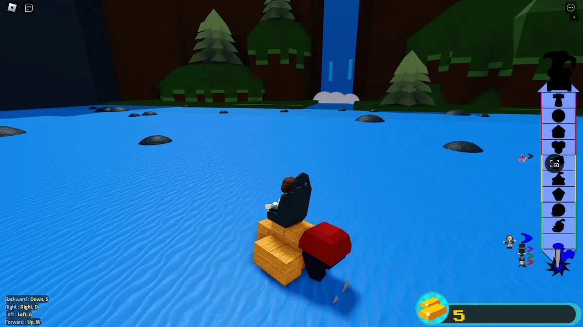 Dirigindo um pequeno barco em Build a Boat for Treasure no Roblox.