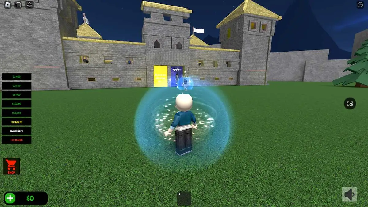 Um grande castelo e dois avatares em bolhas azuis brilhantes em Wizard Tycoon no Roblox.