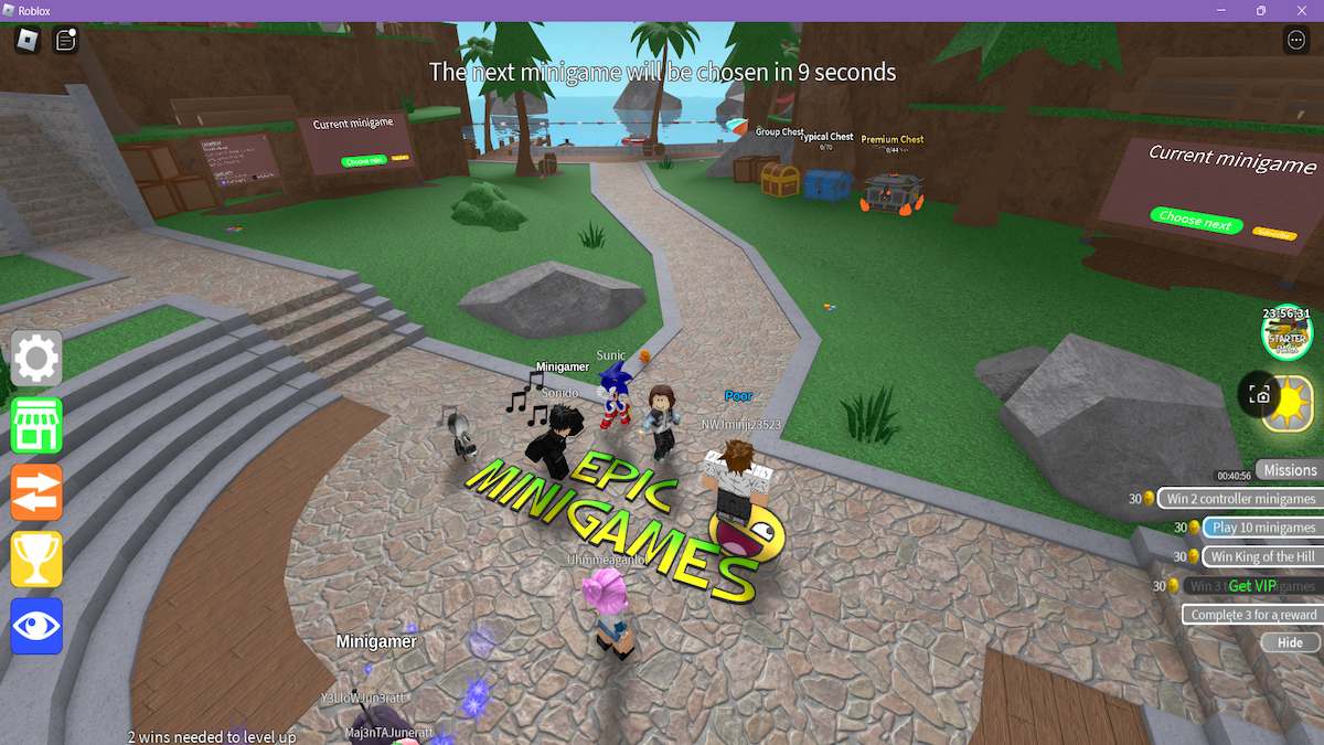 Vários avatares em volta das palavras 'Epic Minigames' em um caminho no Roblox.