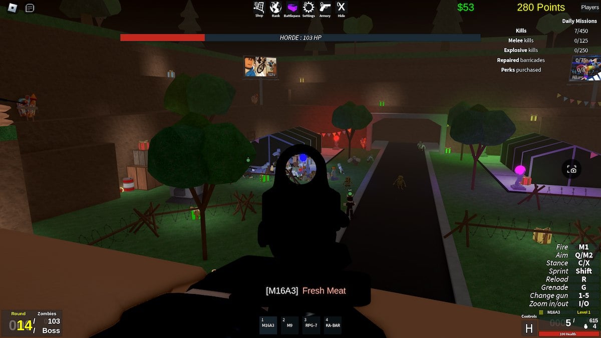 Atirando em zumbis em Zombie Uprising no Roblox.