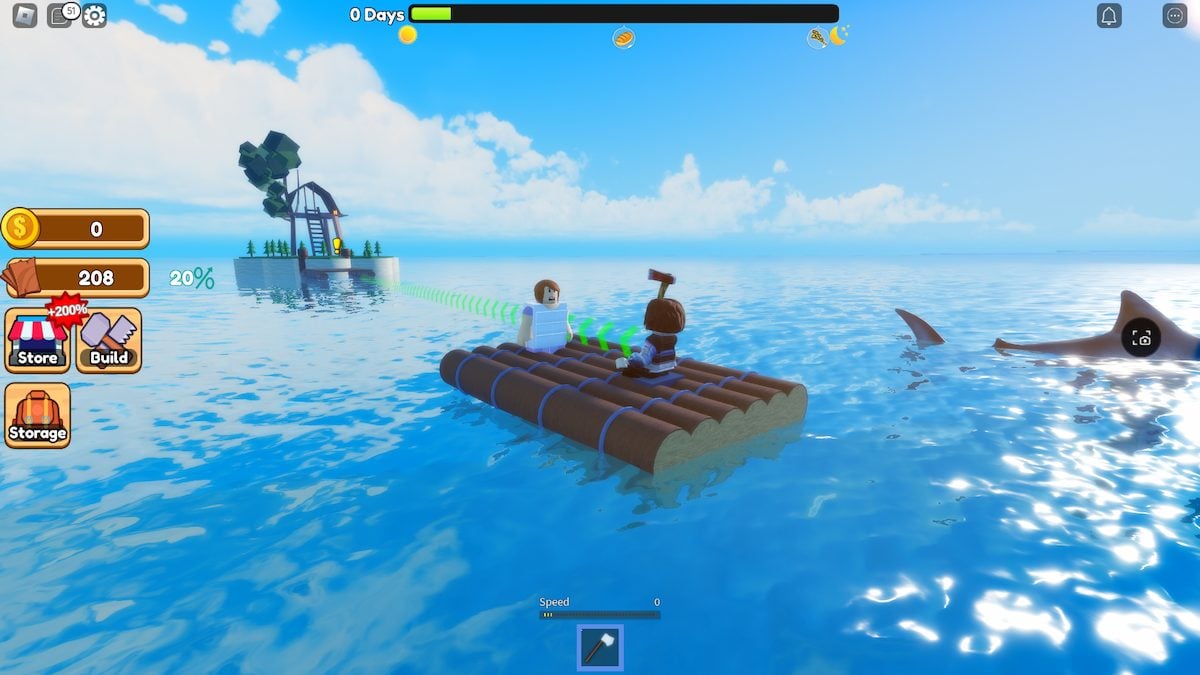 Resgatando uma pessoa de um naufrágio em Desert Island Survival no Roblox.