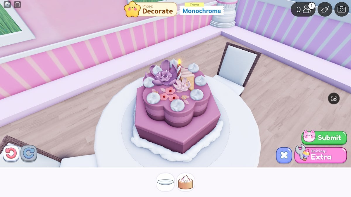 Bolo monocrômico roxo em Cake Off no Roblox.