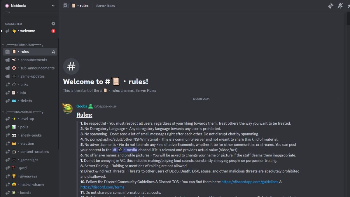 Canal de Regras no Servidor Discord de Nobloxia