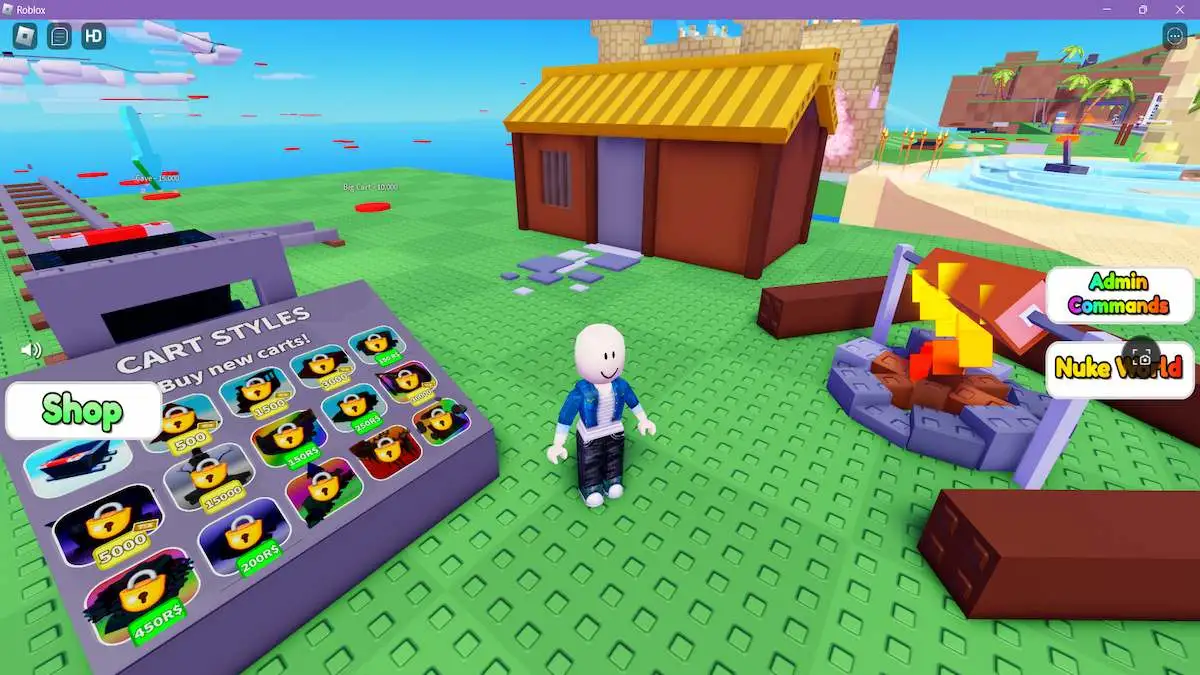 Um avatar em frente a sua cabana no Roblox Cart Ride Tycoon.