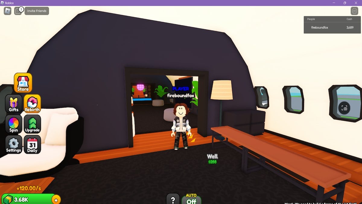 Um avatar dentro de um grande jato no Roblox Mega Jet Tycoon.