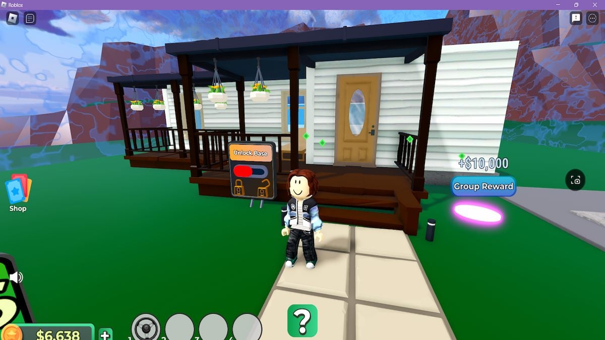 Um avatar em pé em frente a uma pequena casa no Roblox Dreamhaven Tycoon.