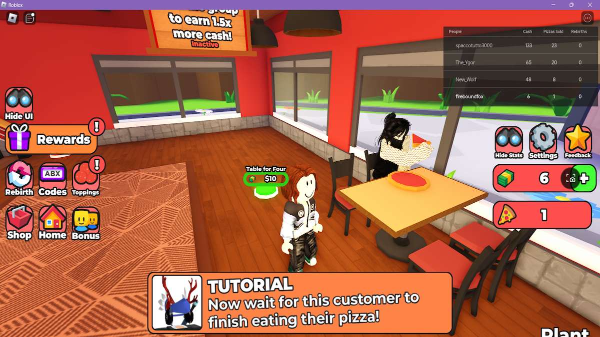 Um avatar em pé perto de outro comendo pizza no Roblox Pizza Restaurant Tycoon.