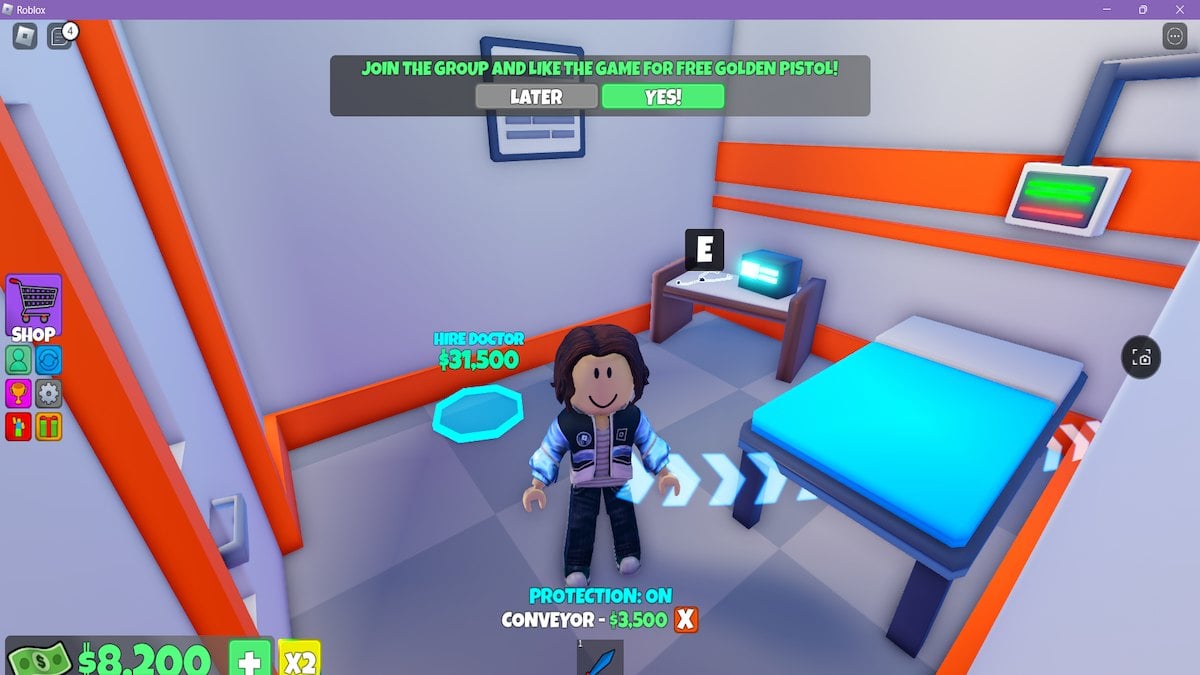 Um avatar em pé em um quarto de pacientes no Roblox Hospital Tycoon.