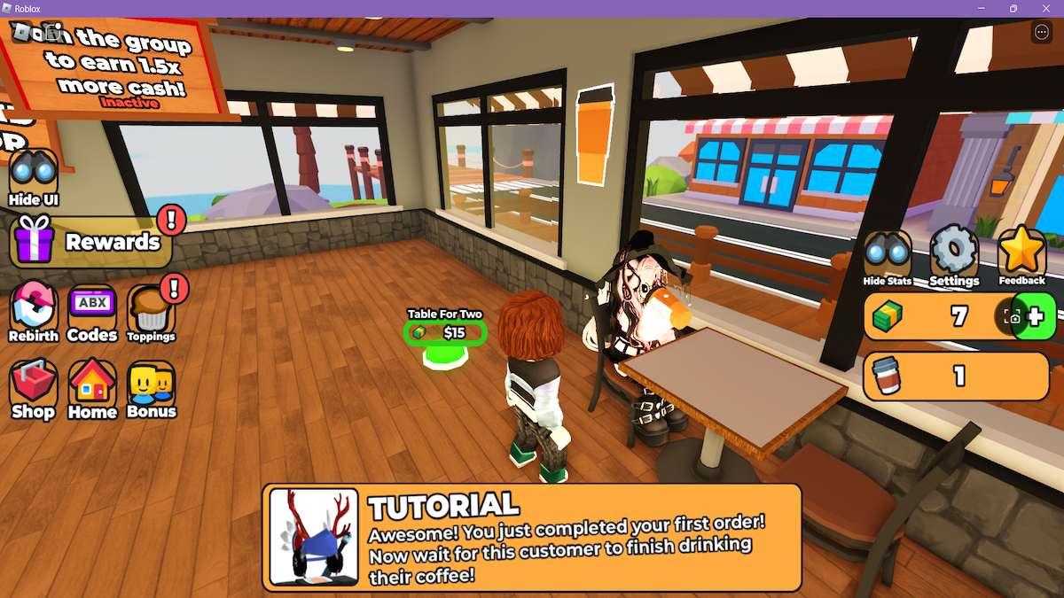 Um avatar em pé perto de outro tomando café no Roblox Coffee Shop Tycoon.