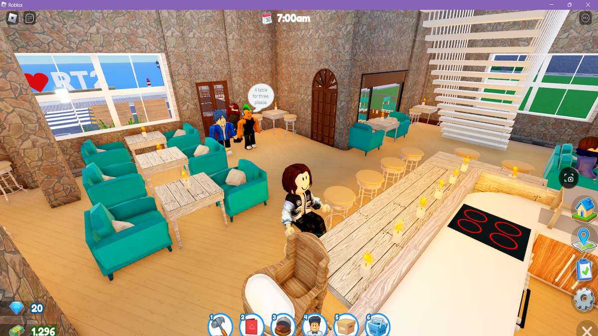 Um restaurante à beira-mar no Roblox Restaurant Tycoon 2.