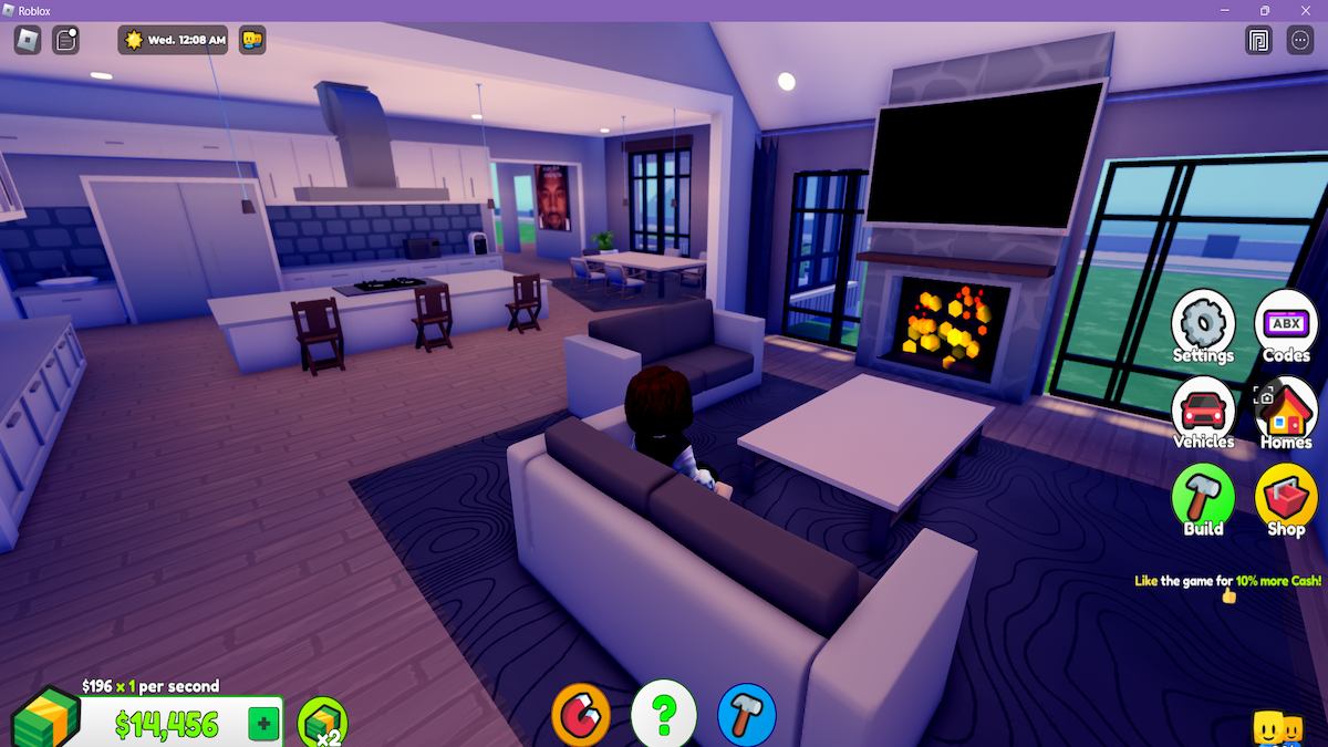 Um avatar sentado em uma sala de estar com iluminação suave no Roblox Ultimate Home Tycoon.