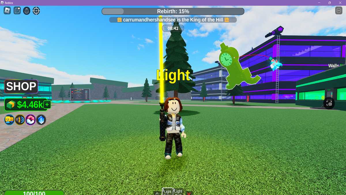 Um avatar empunhando um sabre de luz amarelo no Roblox Elemental Powers Tycoon.