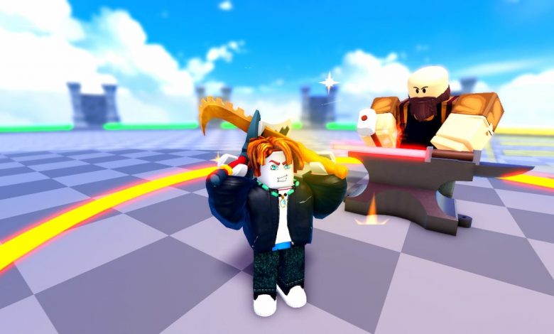 Picture showcasing player with rare swords in Dungeon RNG Roblox.